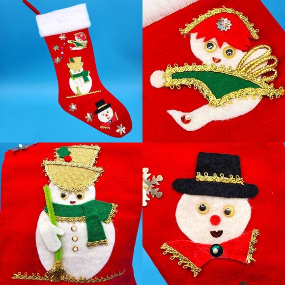 Vintage 1960s Felt Stockings Angel Snowman Wreath Faux Fur Sequins Beads Set - Picture 4 of 10